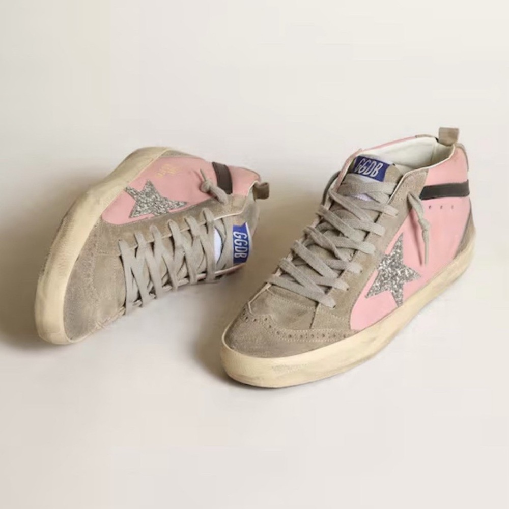 Golden Goose Pink Silver Glitter Mid Star Leather & Suede Sneakers